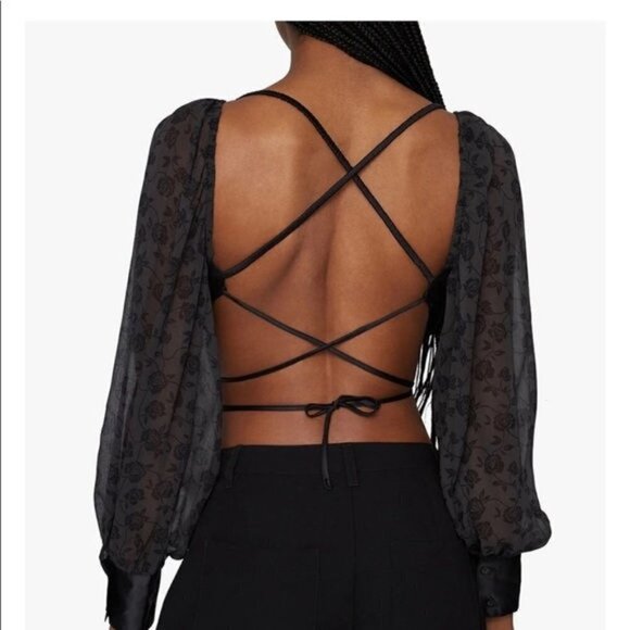 Danielle Bernstein x WeWoreWhat Puff Sleeve Tie Back Top – Black – Size L – NWT - Picture 3 of 3